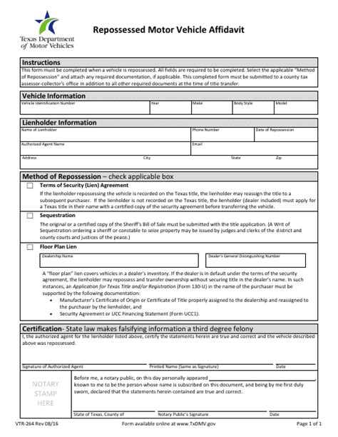 Affidavit For Repossessed Motor Vehicle Texas Form