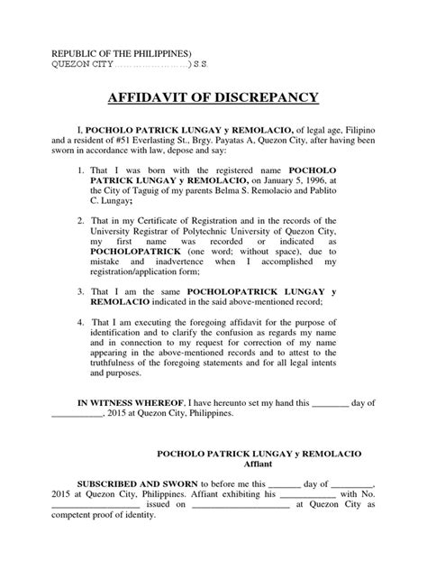 Affidavit Of Discrepancy Form