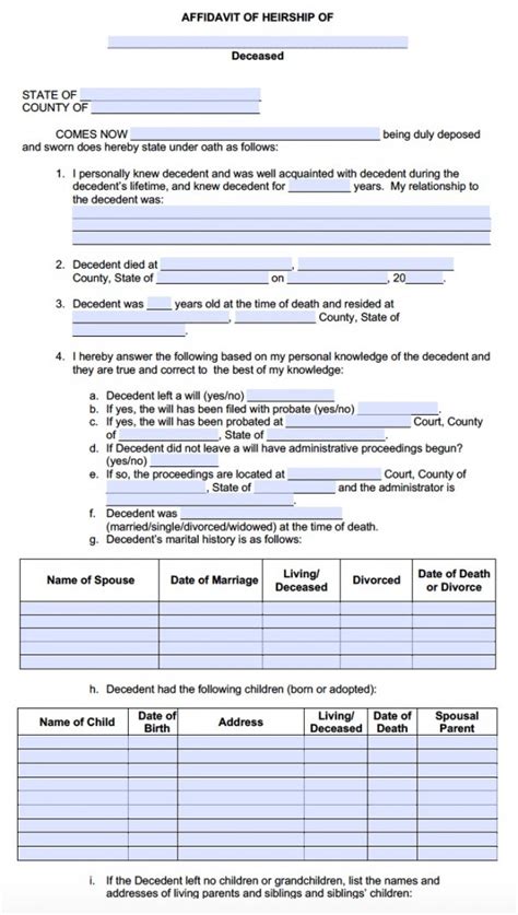 Affidavit Of Heirship Sample in Word and Pdf formats