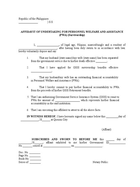 Affidavit Undertaking for PWA Survivorship