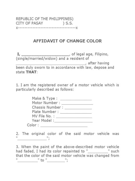 Affidavit for Change of Color of Motor Vehicle