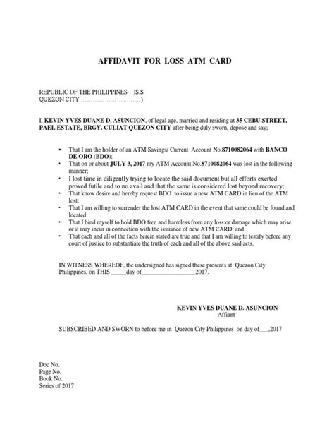 Affidavit for Loss Atm Card Bdo