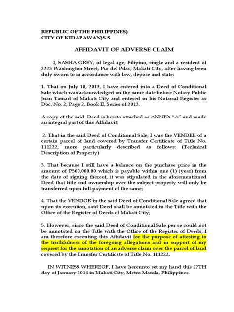 Affidavit of Adverse Claim