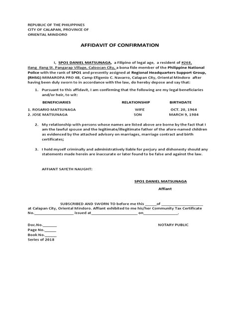 Affidavit of Confirmation 1
