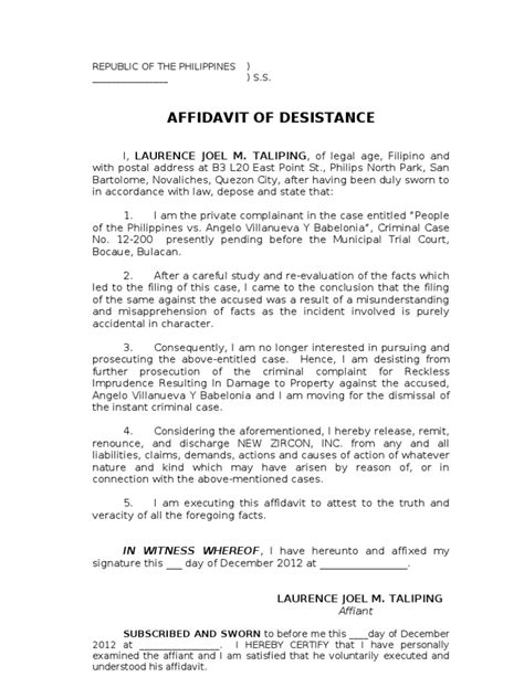 Affidavit of Desistance form