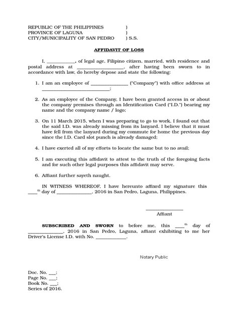 Affidavit of Loss Company ID Template