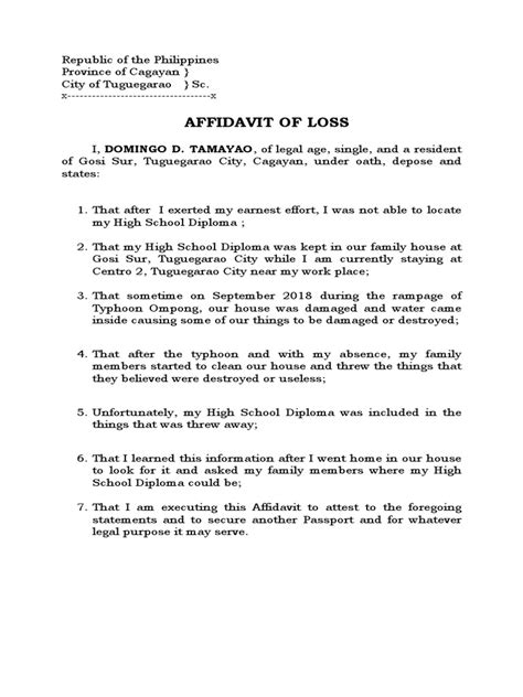 Affidavit of Loss Domingo Tamayao