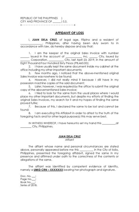 Affidavit of Loss June 1 2018