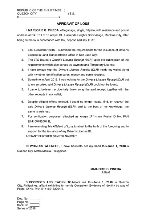 Affidavit of Loss LTO License