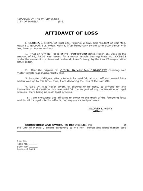 Affidavit of Loss RMTN