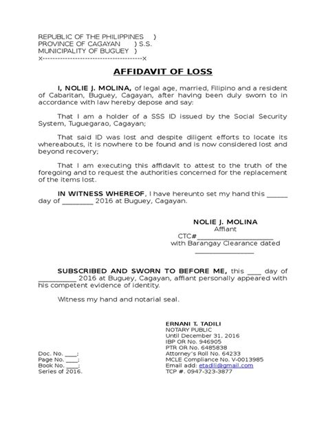 Affidavit of Loss Sss