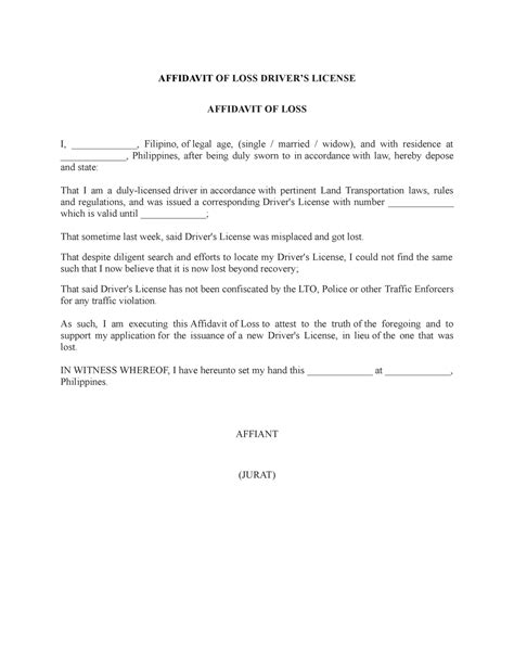 Affidavit of Loss driver s License