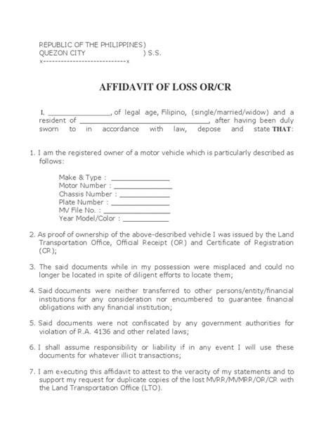 Affidavit of Loss for or or CR