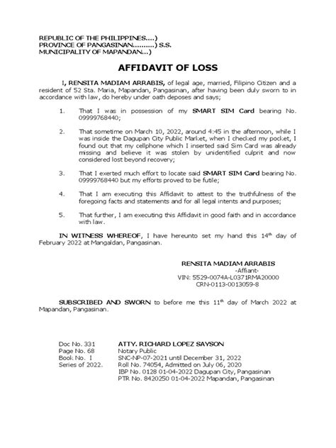 Affidavit of Loss of Sim Card