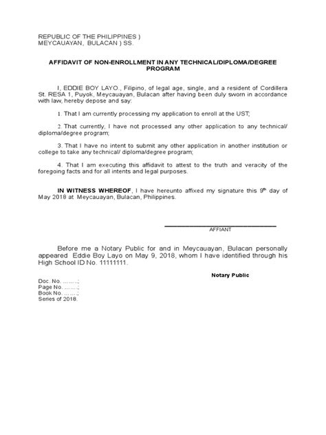 Affidavit of Non Enrollment to Technical School Layo
