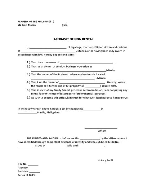 Affidavit of Non rental Template