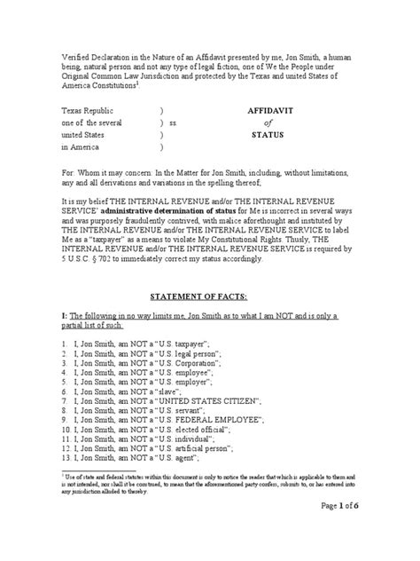 Affidavit of Status to IRS Sample