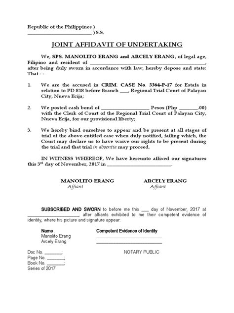 Affidavit of Undertaking Bail