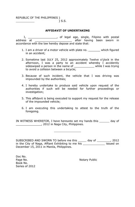 Affidavit of Undertaking to Produce Motor Vehicle