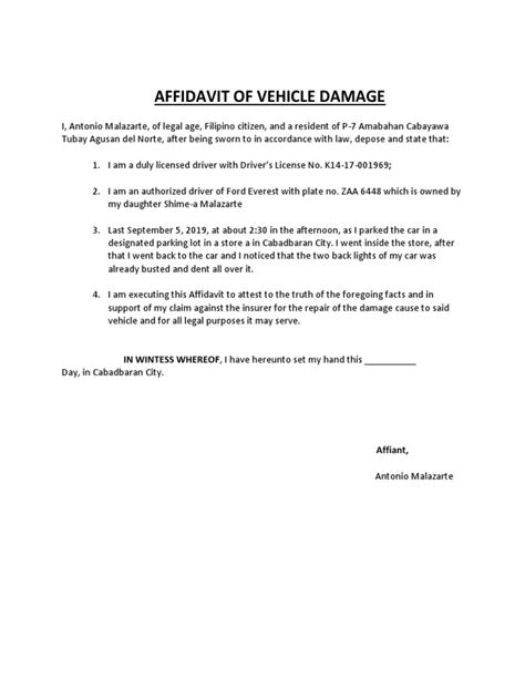 Affidavit of Vehicle Damage