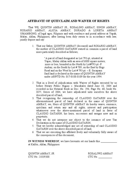 Affidavit of Waiver and Quitclaim