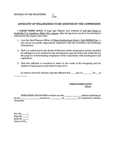 Affidavit of Willingness to Be Audited