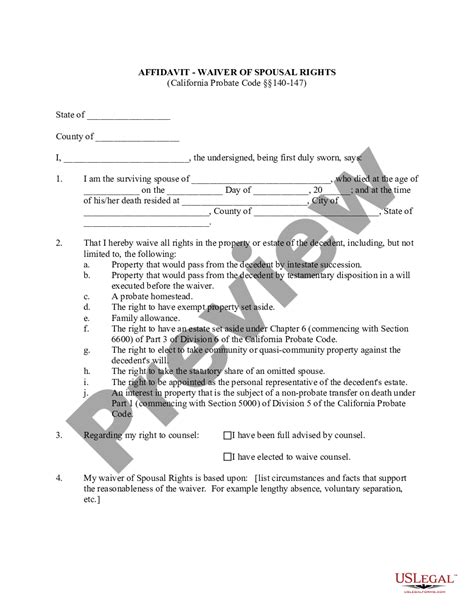 Affidavit regarding Waiver of Spousal Rights California Probate Code