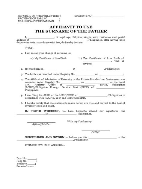 Affidavit to Use the Surname of the Father 0