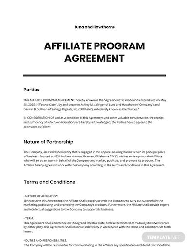 Affiliate Program Agreement Template Microsoft Word Templates