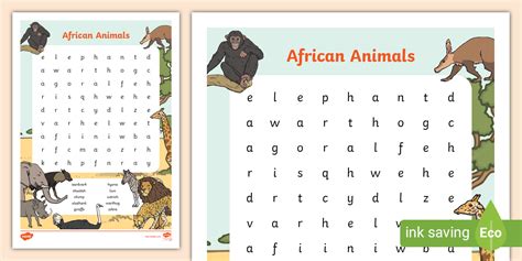 African Animals Word Search Mark Library