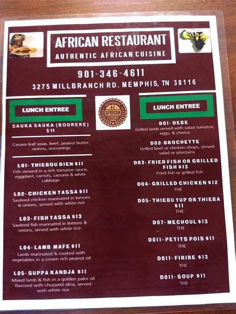 African restaurant memphis tn. Aug 30, 2021 ... Tounkara opened his eponymous restaurant in 2019, in a small strip on Raines Road, very near the Memphis International Airport, serving such ... 
