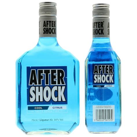 After shock alcohol. AFTER SHOCK is a "Hot & Cool Cinnamon Liqueur" bottled by Munson Shaw Co. of Deerfield, IL. It is 40% alcohol (80 proof) and drunkeness will ensue after approximately 8 shot s, depending on your height and weight. 