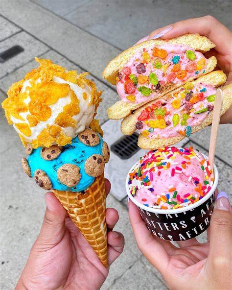 Afters ice cream. Afters is a trendy ice cream shop that offers many unique flavors, such as Cookie Butter and Cookie Monster, and a warm bun called the Milky bun. The shop has relatable quotes and witty humor … 