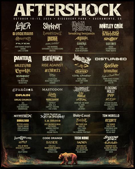 Aftershock 2024 lineup. Feb 28, 2024 · Aftershock returns to Discovery Park October 10-13 with Iron Maiden, Slayer, Slipknot, Mötley Crüe and more. See the full lineup of 130+ bands and get your passes for the ultimate destination festival for hard rock and heavy metal fans. 