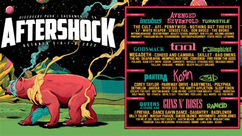 Aftershock festival 2023. OK. (FOX40.COM) — Billed as the “West Coast’s largest rock festival,” Aftershock organizers said the 2024 event will have the “biggest lineup yet.”. Over 130 bands will make their way to Discovery Park for the 2024 Aftershock Festival on Oct. 10-13. •Video Above: Coverage of the 2023 Aftershock Festival. 