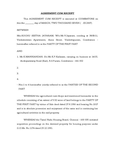 Agreement Cum Receipt Kochu Seetha Jayaraman