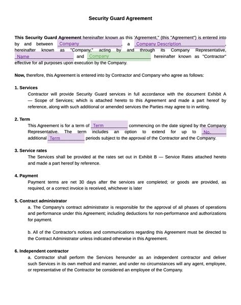 Agreement For Guard Service At