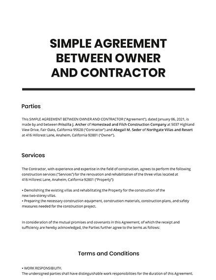 Agreement between Contractor and Owner Free Download