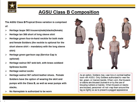 1.a. (u) ar 670–1, wear and appearance of army uniforms and insignia . 1.b. (u) da pam 670–1, guide to the wear and appearance of army uniforms and insignia . 2. (u) the purpose of this message is to reissue guidance on the wear of insignia and accoutrements on the army green service uniform (agsu) class b and tropical dress variations. 3. . 