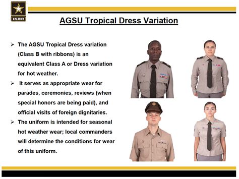 For up to date instructions on the proper wear of the AGSU, please reference DA PAM 670‐1 for the official Guide to the Wear and Appearance of the Army Uniforms and Insignia.. 