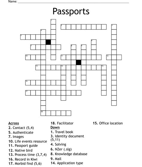 Aid in obtaining a passport crossword clue. Find the latest crossword clues from New York Times Crosswords, LA Times Crosswords and many more. Enter Given Clue. Number of Letters (Optional) ... Aid in obtaining a Passport? 2% 7 NOTRACE: Zero evidence 2% 4 … 