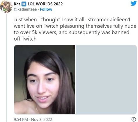 Content producer @katlienteee claimed on Twitter: "Just when I thought I saw it all...streamer aielieen1 went live on Twitch pleasuring themselves fully nude to over 5k viewers, and subsequently was banned off Twitch. A Twitch streamer has been supposedly banned for masturbating during a livestream. Credit: Twitter.. 