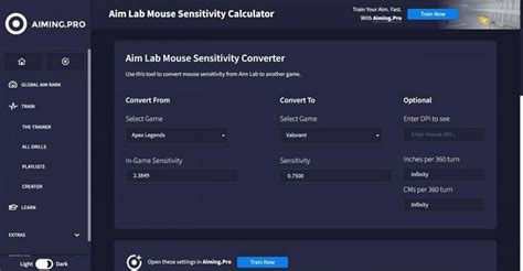 Aiming sensitivity converter. Click convert sensitivity. How do I match/convert sensitivity with an unsupported game? Head on over to Free Mouse Sensitivity Converter & Calculator | Aim Trainer. Enter the game you want to train for and it’s sensitivity. Enter game we support. Convert sensitivity. Fill in result on the aim trainer under the game we support. If that didn't ... 