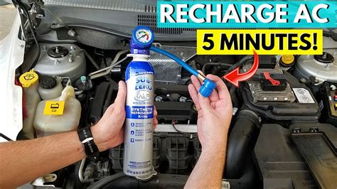 Air conditioner recharge. Recharge your A/C in 3 easy steps! ... 1. Locate the refrigerant fill port: This is the low pressure side of the system and will have a small plastic lid with an ... 