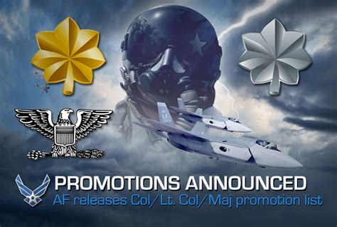 Air force lt col promotion. Feb 17, 2022 · The implementation of officer SCODs will occur in phases for Regular Air Force, Air Force Reserve, and Air National Guard Airmen. The first SCOD for officers will begin with first and second lieutenants on Oct. 31, 2022, followed by colonels on Feb. 28, 2023, lieutenant colonels and majors on May 31, 2023, and captains on Aug. 31, 2023. 