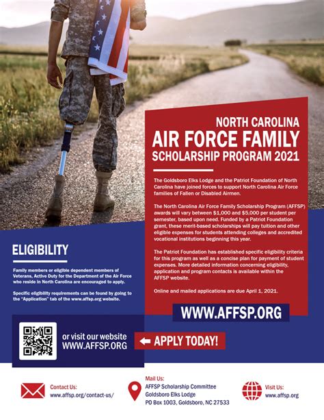 The Airmen Memorial Foundation (AMF) conducts scholarship programs to financially assist the undergraduate studies of eligible dependents of military personnel. AMF/CMSAF/AFSA scholarships are valued from $1,000 to $5,000 to students age 23 or younger attending an accredited academic institution. The scholarship programs all use …. 