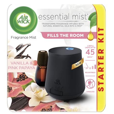 Air Wick Essential Mist® is the modern way to transform fragrance infused with natural essential oils into a mist. VALUE: Each refill provides up to 45 days fragrance based on low setting, no need to add water, each refill comes ready to use, easy to change out the refills. ADJUSTABLE TO YOUR LIKING: Gadget begins with a 2X initial fragrance .... 