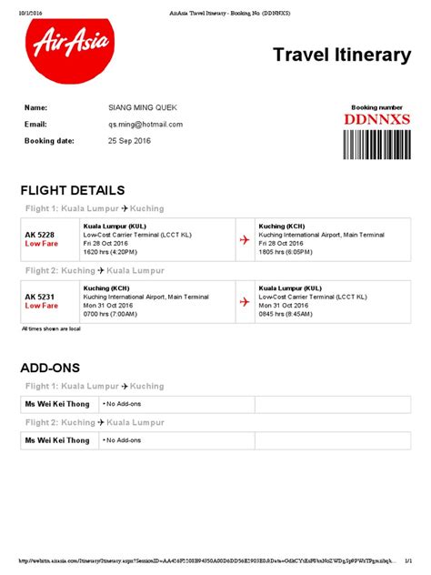 AirAsia Travel Itinerary Booking No ARTWUS