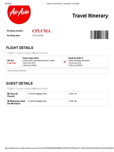 AirAsia Travel Itinerary Booking No CPLUMA