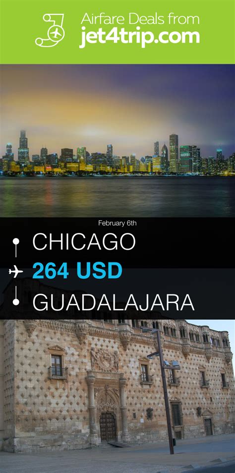 Airfare from chicago to guadalajara. Each day, there are between 3 and 6 nonstop flights that take off from Chicago O'Hare Intl Airport and land in Guadalajara, with an average flight time of 4h 17m. The most common departure time is 2:00 a.m. and most flights take off at night. 
